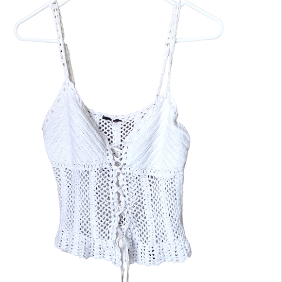 None Tops - Y2K boho top loose knit lace-up white singlet size 10